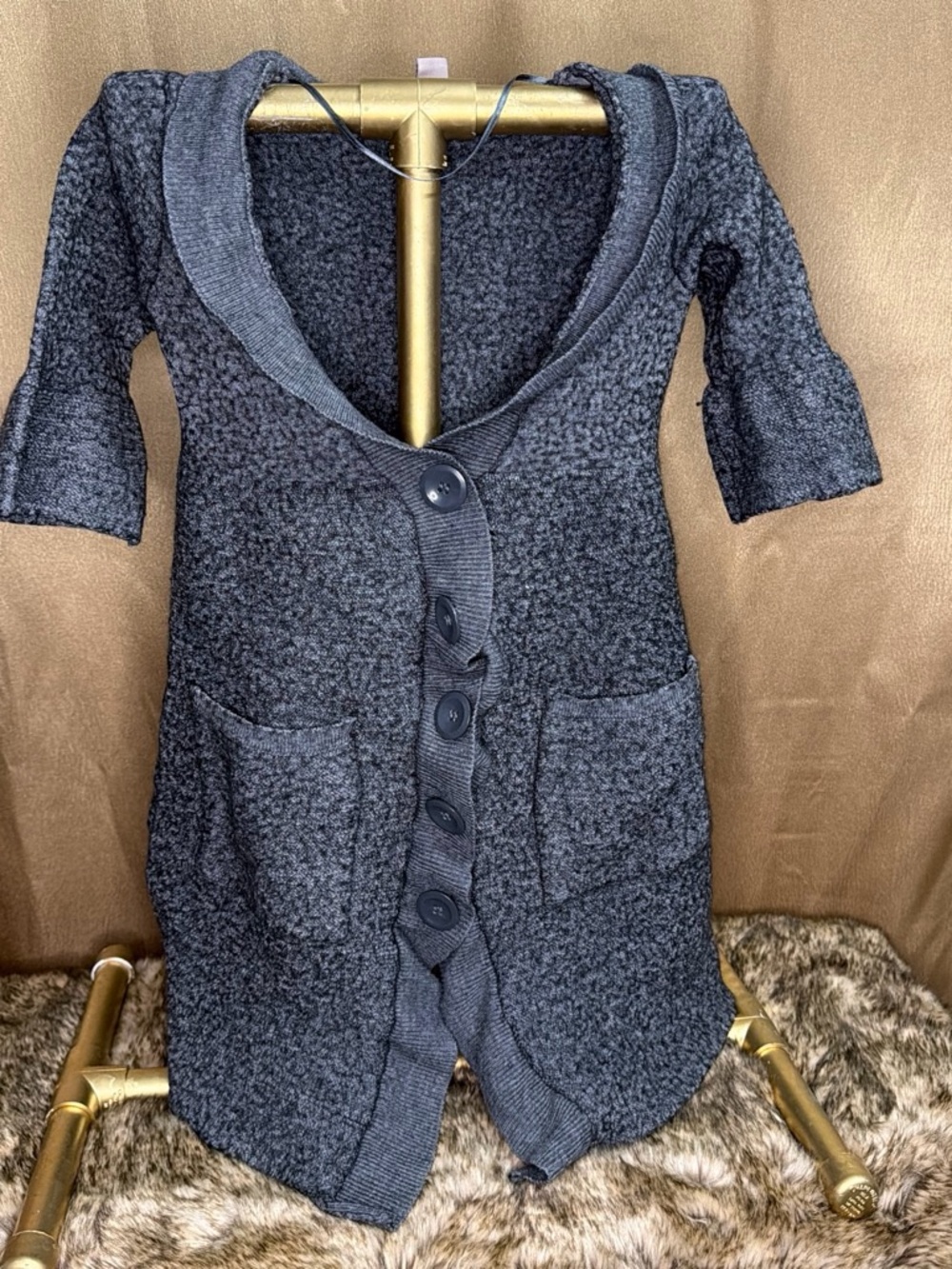 H&M Short-Sleeve Chunky Button Cardigan Sweater - Charcoal Gray